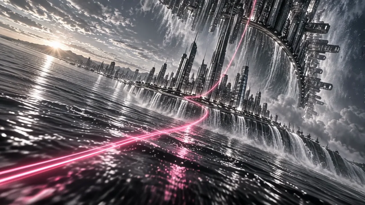 A waterfront folds overhead while a vivid pink line curves across the dark water.