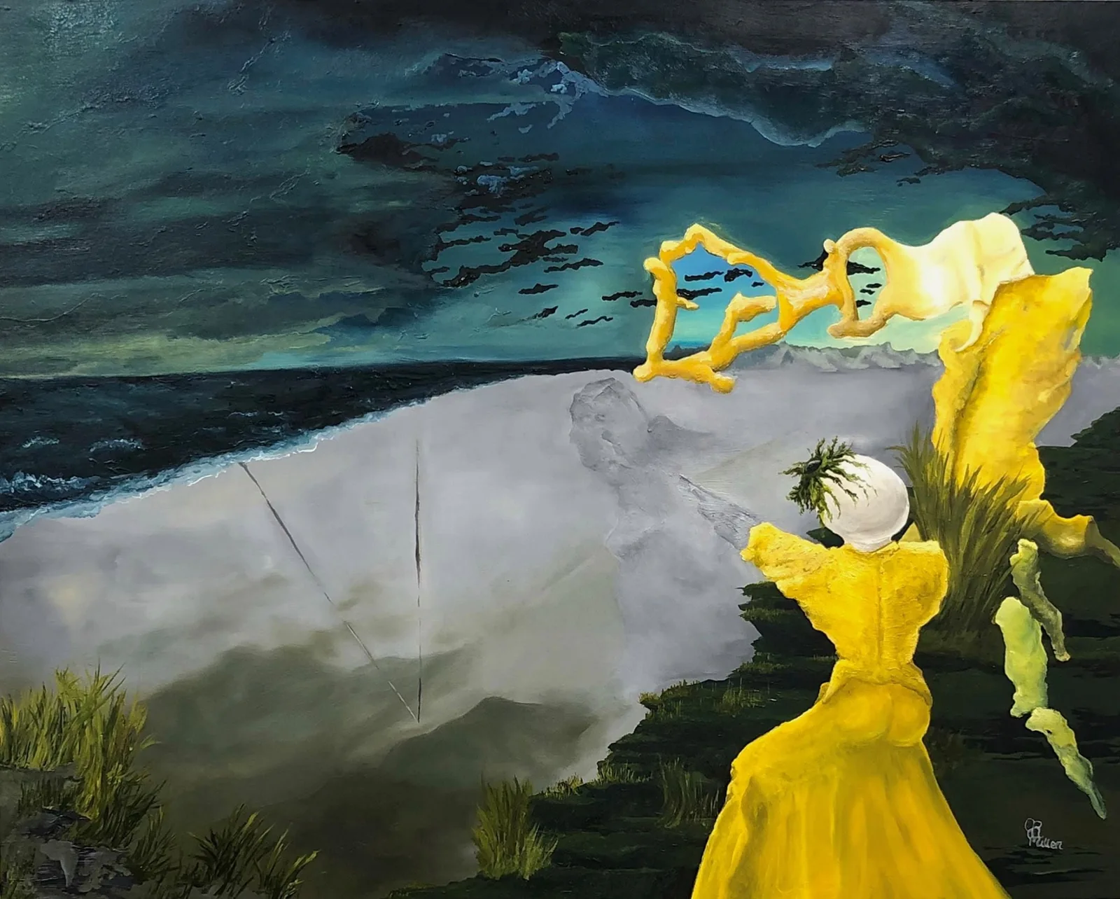 An original painting by Jake Miller with yellow sculptural forms beside a dark sea and a gray shoreline.