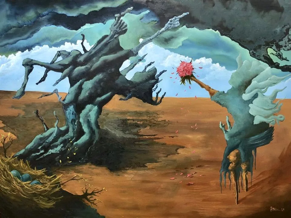 An original painting by Jake Miller with twisting blue-green forms, a pink flower, and a nest above an ochre landscape.