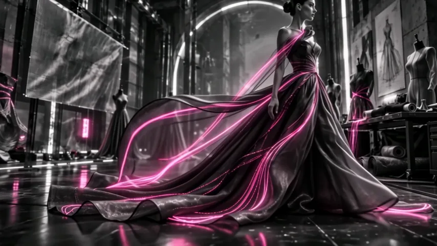 A silver gown turns with a trail of pink light.