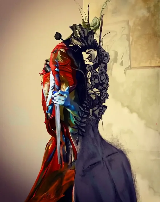 A still from the AI-assisted composite of Jake Miller's oil painting and charcoal study, both titled Relatively High and Low.